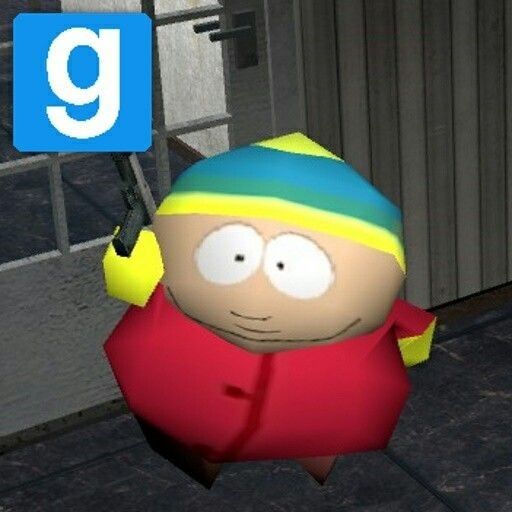 an image meme of a lowpoly game model of cartman from south park holding a gun with a G over the barrel